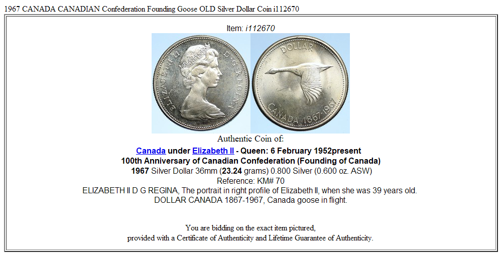 1967 CANADA CANADIAN Confederation Founding Goose OLD Silver Dollar Coin i112670