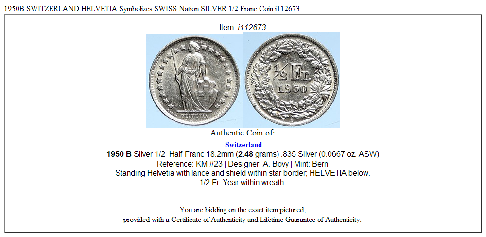 1950B SWITZERLAND HELVETIA Symbolizes SWISS Nation SILVER 1/2 Franc Coin i112673