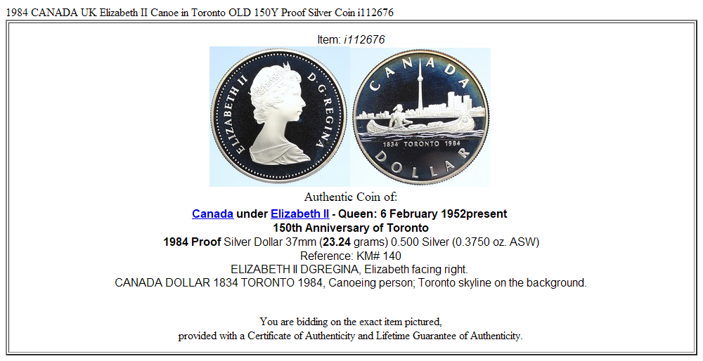 1984 CANADA UK Elizabeth II Canoe in Toronto OLD 150Y Proof Silver Coin i112676