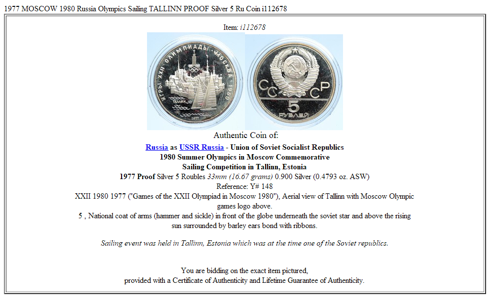 1977 MOSCOW 1980 Russia Olympics Sailing TALLINN PROOF Silver 5 Ru Coin i112678