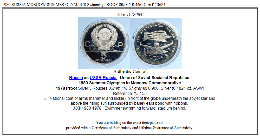 1980 RUSSIA MOSCOW SUMMER OLYMPICS Swimming PROOF Silver 5 Rubles Coin i112684