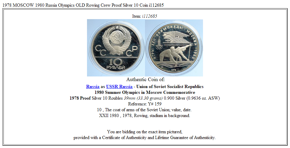 1978 MOSCOW 1980 Russia Olympics OLD Rowing Crew Proof Silver 10 Coin i112685