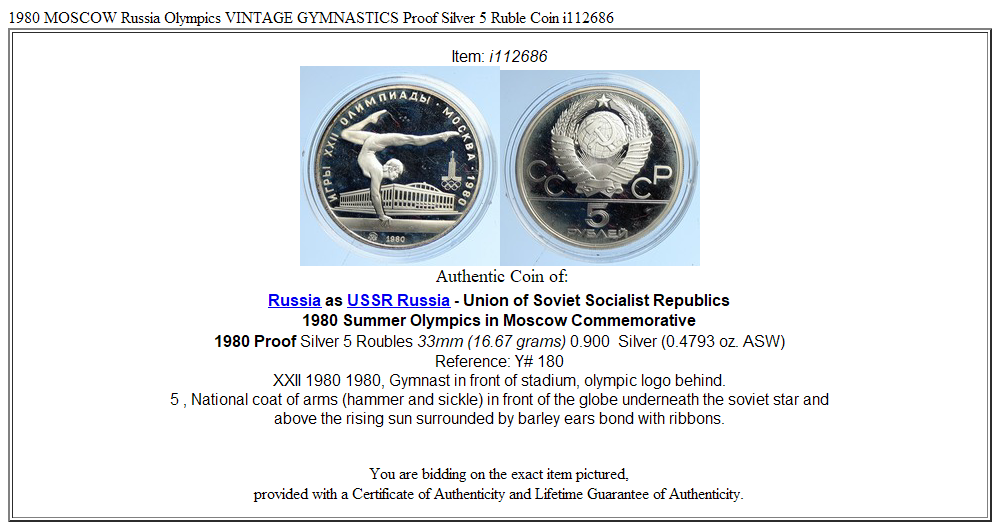 1980 MOSCOW Russia Olympics VINTAGE GYMNASTICS Proof Silver 5 Ruble Coin i112686