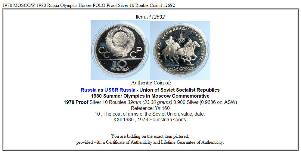 1978 MOSCOW 1980 Russia Olympics Horses POLO Proof Silver 10 Rouble Coin i112692