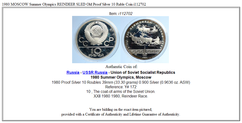 1980 MOSCOW Summer Olympics REINDEER SLED Old Proof Silver 10 Ruble Coin i112702