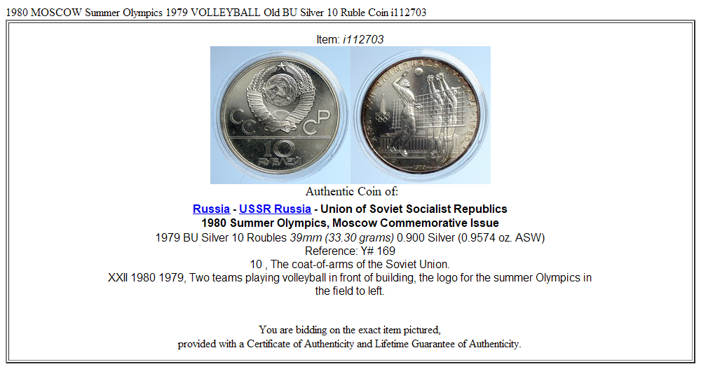 1980 MOSCOW Summer Olympics 1979 VOLLEYBALL Old BU Silver 10 Ruble Coin i112703