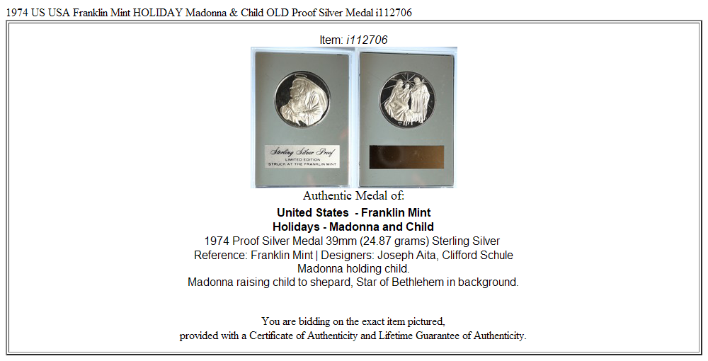 1974 US USA Franklin Mint HOLIDAY Madonna & Child OLD Proof Silver Medal i112706