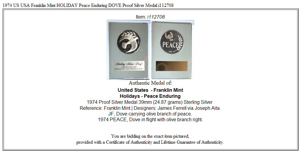 1974 US USA Franklin Mint HOLIDAY Peace Enduring DOVE Proof Silver Medal i112708