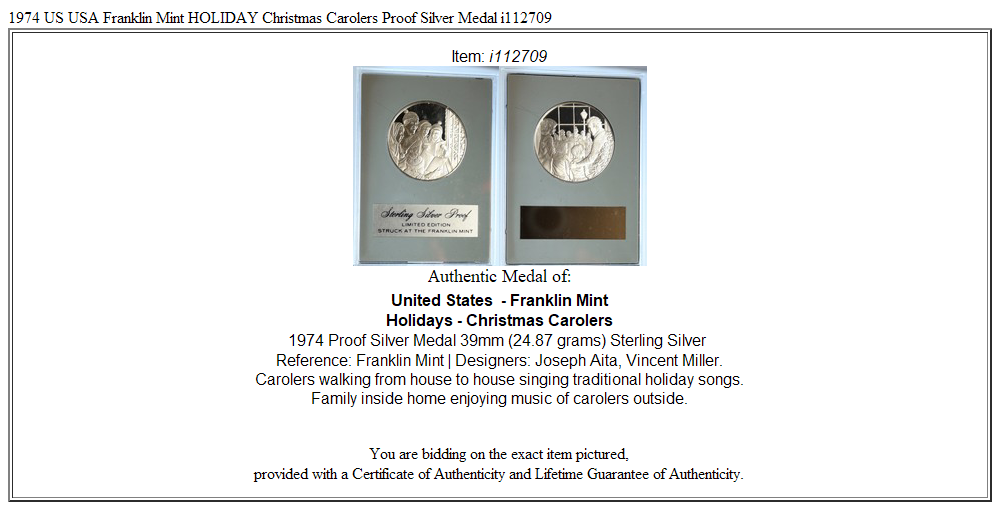 1974 US USA Franklin Mint HOLIDAY Christmas Carolers Proof Silver Medal i112709