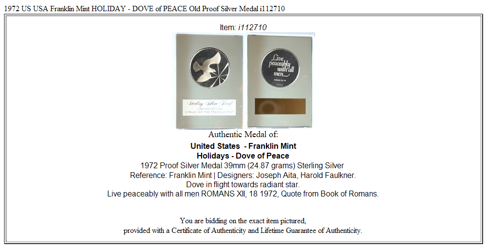 1972 US USA Franklin Mint HOLIDAY - DOVE of PEACE Old Proof Silver Medal i112710