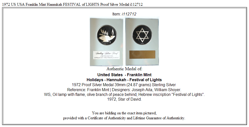 1972 US USA Franklin Mint Hannukah FESTIVAL of LIGHTS Proof Silver Medal i112712