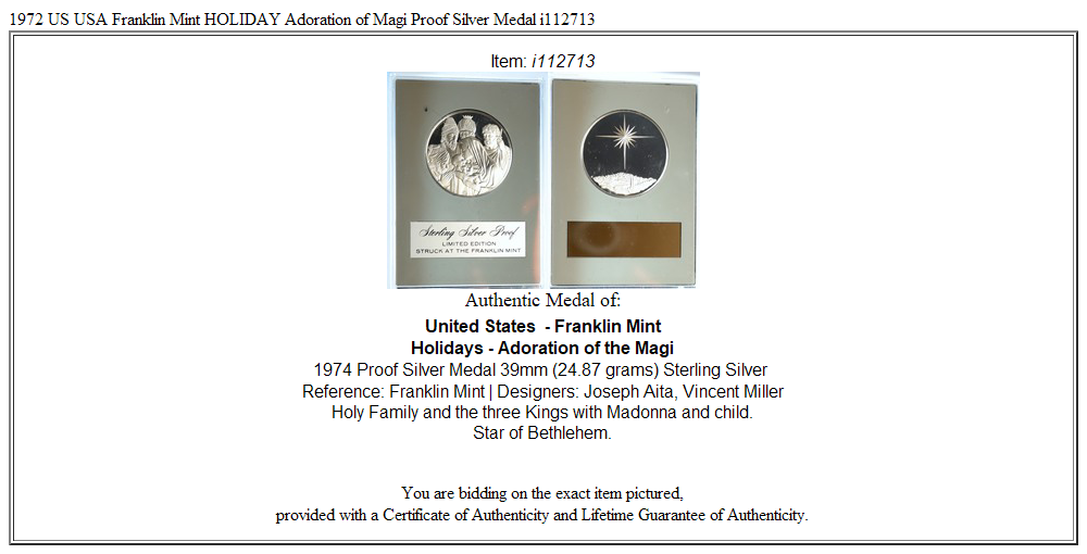 1972 US USA Franklin Mint HOLIDAY Adoration of Magi Proof Silver Medal i112713