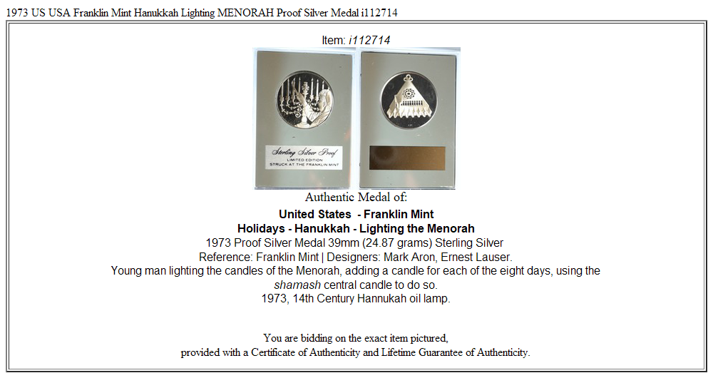 1973 US USA Franklin Mint Hanukkah Lighting MENORAH Proof Silver Medal i112714