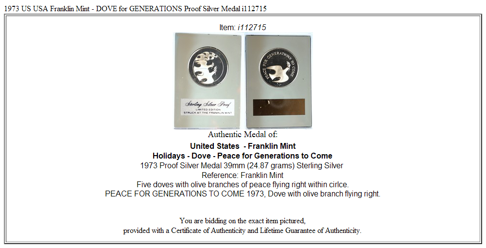 1973 US USA Franklin Mint - DOVE for GENERATIONS Proof Silver Medal i112715