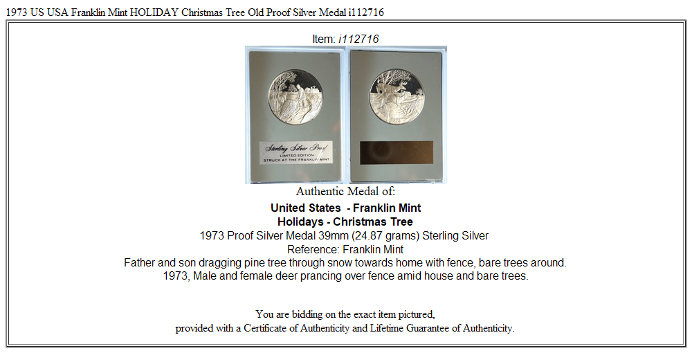 1973 US USA Franklin Mint HOLIDAY Christmas Tree Old Proof Silver Medal i112716