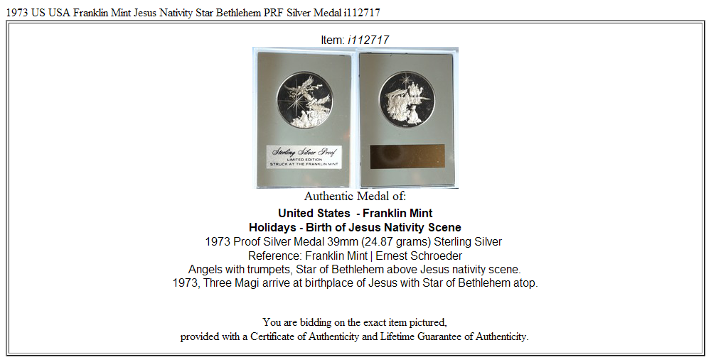 1973 US USA Franklin Mint Jesus Nativity Star Bethlehem PRF Silver Medal i112717