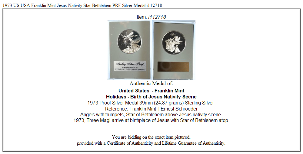 1973 US USA Franklin Mint Jesus Nativity Star Bethlehem PRF Silver Medal i112718