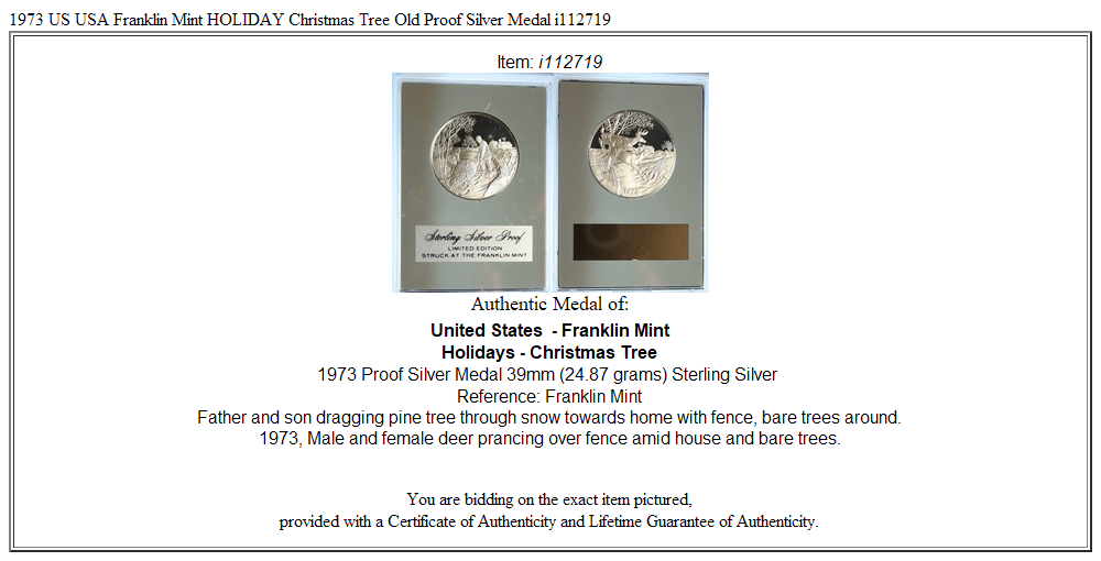 1973 US USA Franklin Mint HOLIDAY Christmas Tree Old Proof Silver Medal i112719