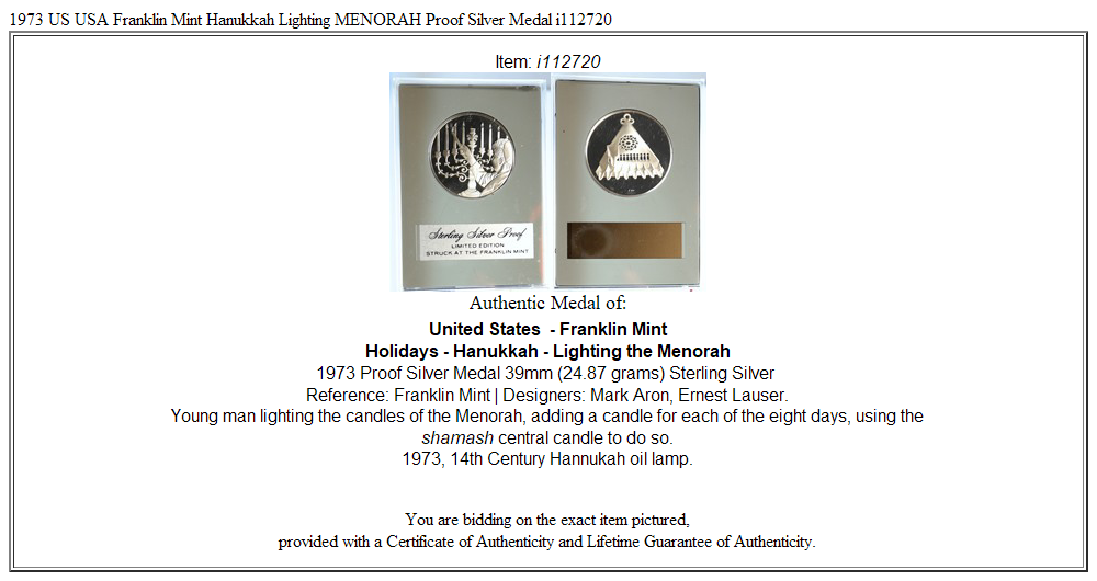 1973 US USA Franklin Mint Hanukkah Lighting MENORAH Proof Silver Medal i112720