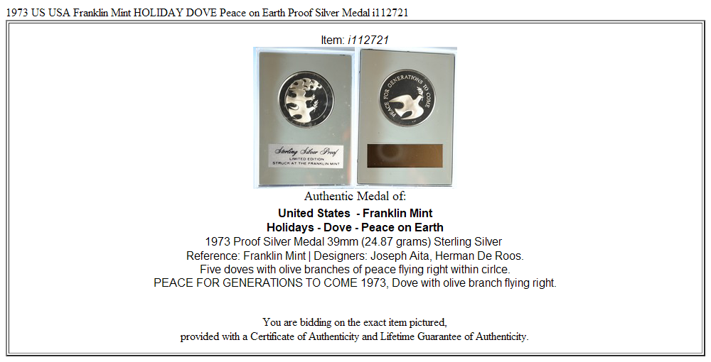 1973 US USA Franklin Mint HOLIDAY DOVE Peace on Earth Proof Silver Medal i112721