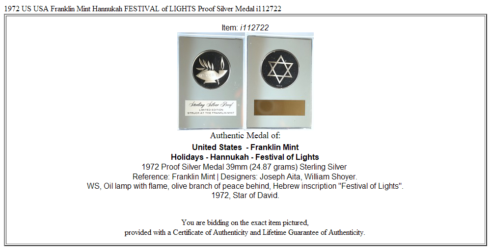 1972 US USA Franklin Mint Hannukah FESTIVAL of LIGHTS Proof Silver Medal i112722