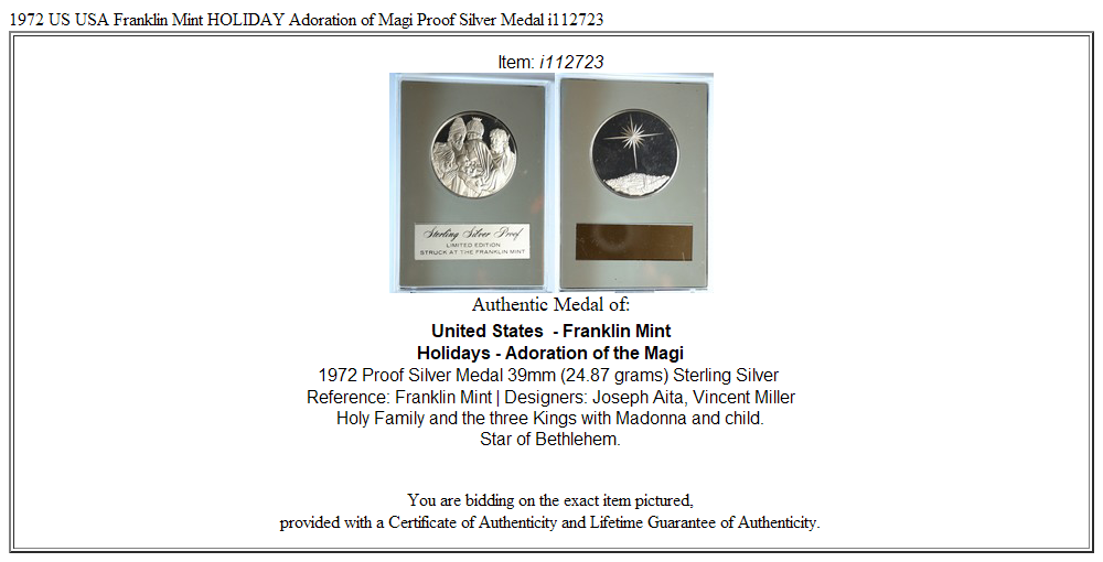 1972 US USA Franklin Mint HOLIDAY Adoration of Magi Proof Silver Medal i112723