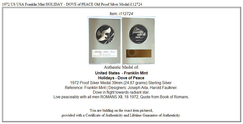 1972 US USA Franklin Mint HOLIDAY - DOVE of PEACE Old Proof Silver Medal i112724