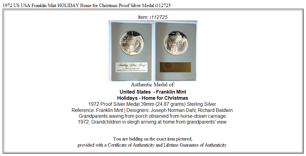 1972 US USA Franklin Mint HOLIDAY Home for Christmas Proof Silver Medal i112725