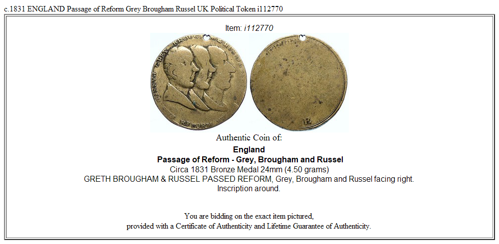 c.1831 ENGLAND Passage of Reform Grey Brougham Russel UK Political Token i112770