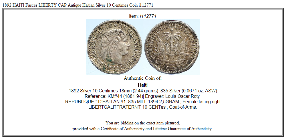 1892 HAITI Fasces LIBERTY CAP Antique Haitian Silver 10 Centimes Coin i112771