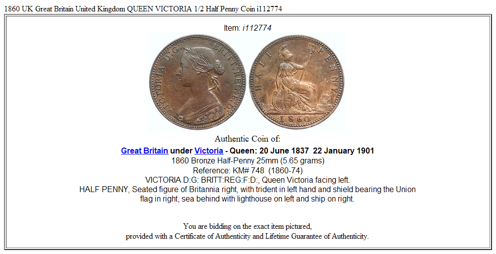 1860 UK Great Britain United Kingdom QUEEN VICTORIA 1/2 Half Penny Coin i112774