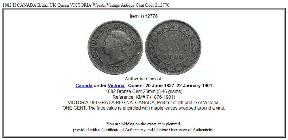 1882 H CANADA British UK Queen VICTORIA Wreath Vintage Antique Cent Coin i112776