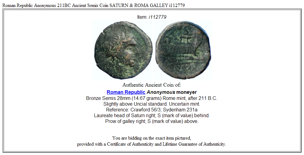 Roman Republic Anonymous 211BC Ancient Semis Coin SATURN & ROMA GALLEY i112779