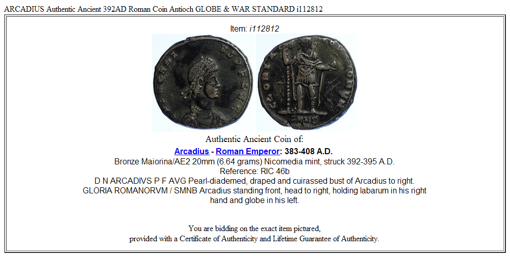 ARCADIUS Authentic Ancient 392AD Roman Coin Antioch GLOBE & WAR STANDARD i112812