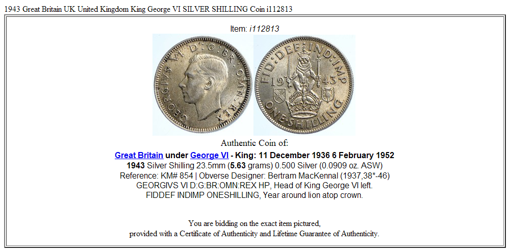 1943 Great Britain UK United Kingdom King George VI SILVER SHILLING Coin i112813