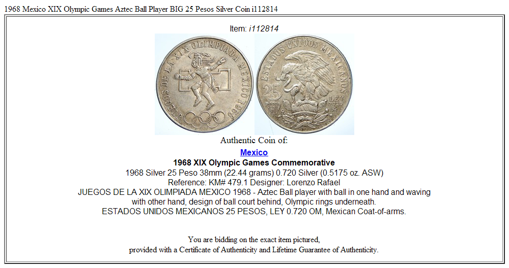 1968 Mexico XIX Olympic Games Aztec Ball Player BIG 25 Pesos Silver Coin i112814