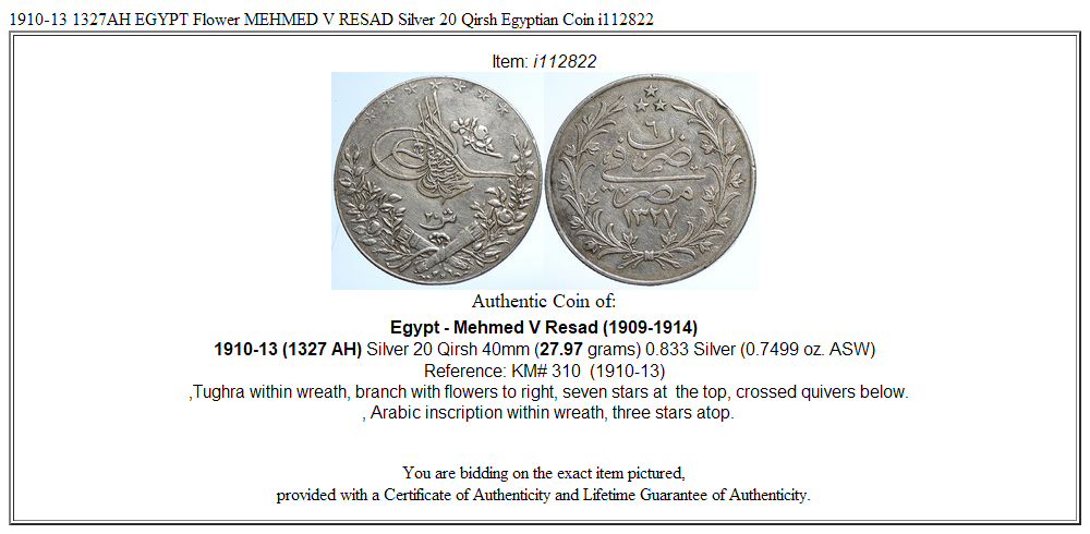 1910-13 1327AH EGYPT Flower MEHMED V RESAD Silver 20 Qirsh Egyptian Coin i112822