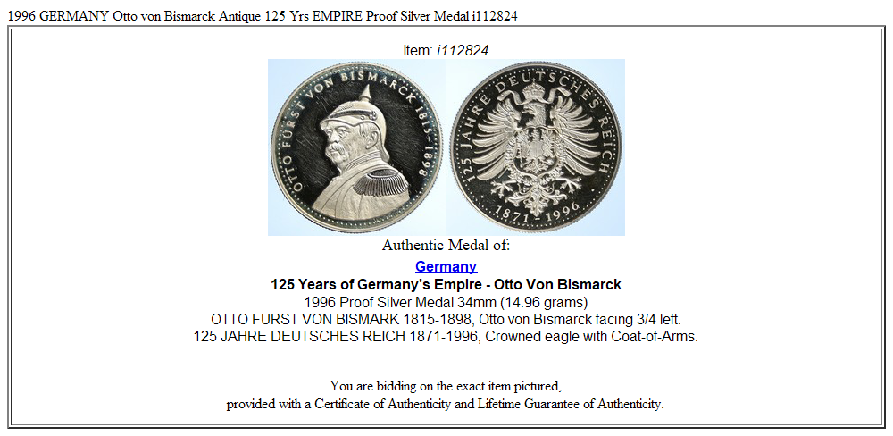 1996 GERMANY Otto von Bismarck Antique 125 Yrs EMPIRE Proof Silver Medal i112824