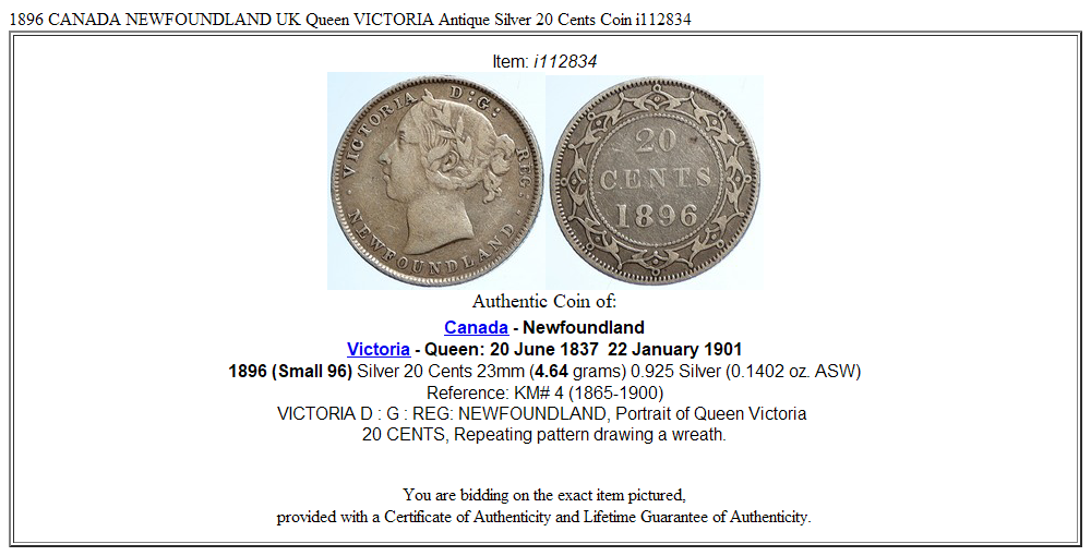 1896 CANADA NEWFOUNDLAND UK Queen VICTORIA Antique Silver 20 Cents Coin i112834