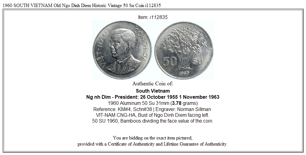 1960 SOUTH VIETNAM Old Ngo Dinh Diem Historic Vintage 50 Su Coin i112835