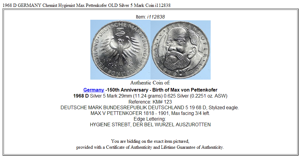 1968 D GERMANY Chemist Hygienist Max Pettenkofer OLD Silver 5 Mark Coin i112838