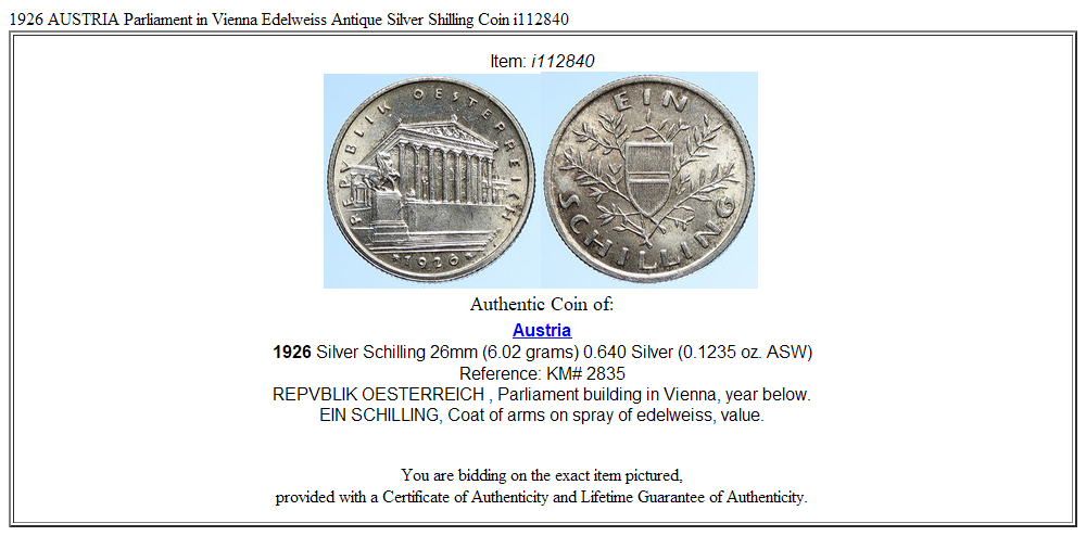 1926 AUSTRIA Parliament in Vienna Edelweiss Antique Silver Shilling Coin i112840