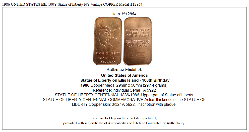 1986 UNITED STATES Ellis 100Y Statue of Liberty NY Vintage COPPER Medal i112864