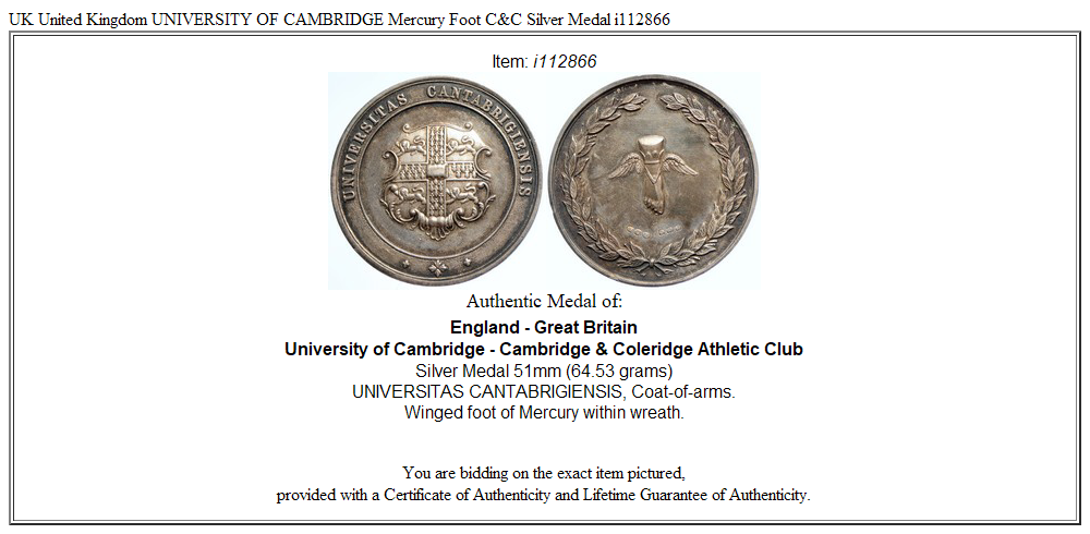 UK United Kingdom UNIVERSITY OF CAMBRIDGE Mercury Foot C&C Silver Medal i112866