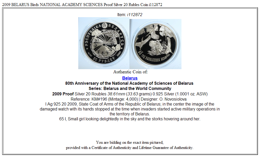 2009 BELARUS Birds NATIONAL ACADEMY SCIENCES Proof Silver 20 Rubles Coin i112872