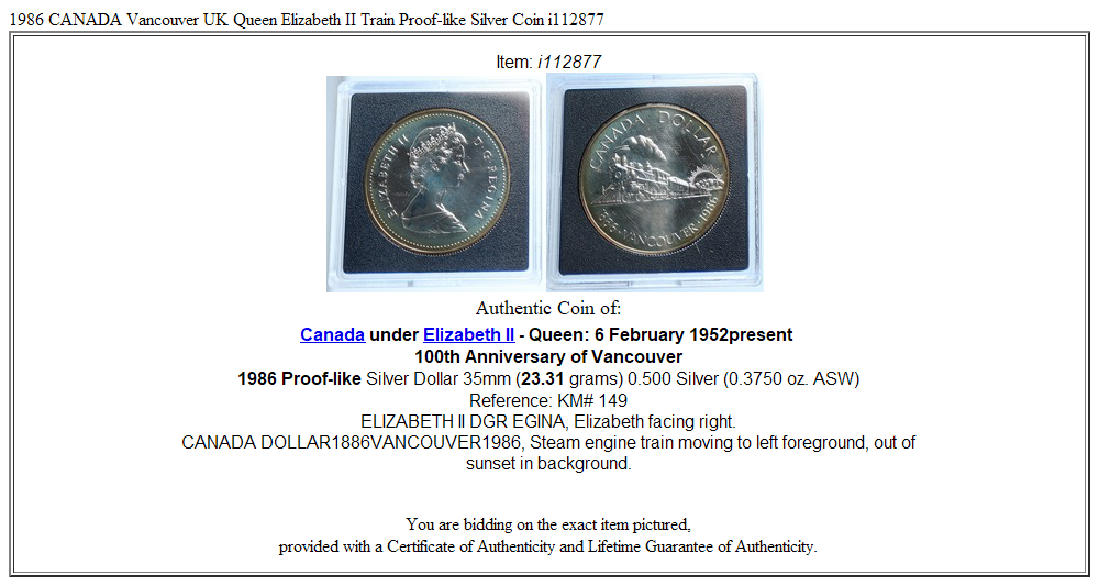 1986 CANADA Vancouver UK Queen Elizabeth II Train Proof-like Silver Coin i112877