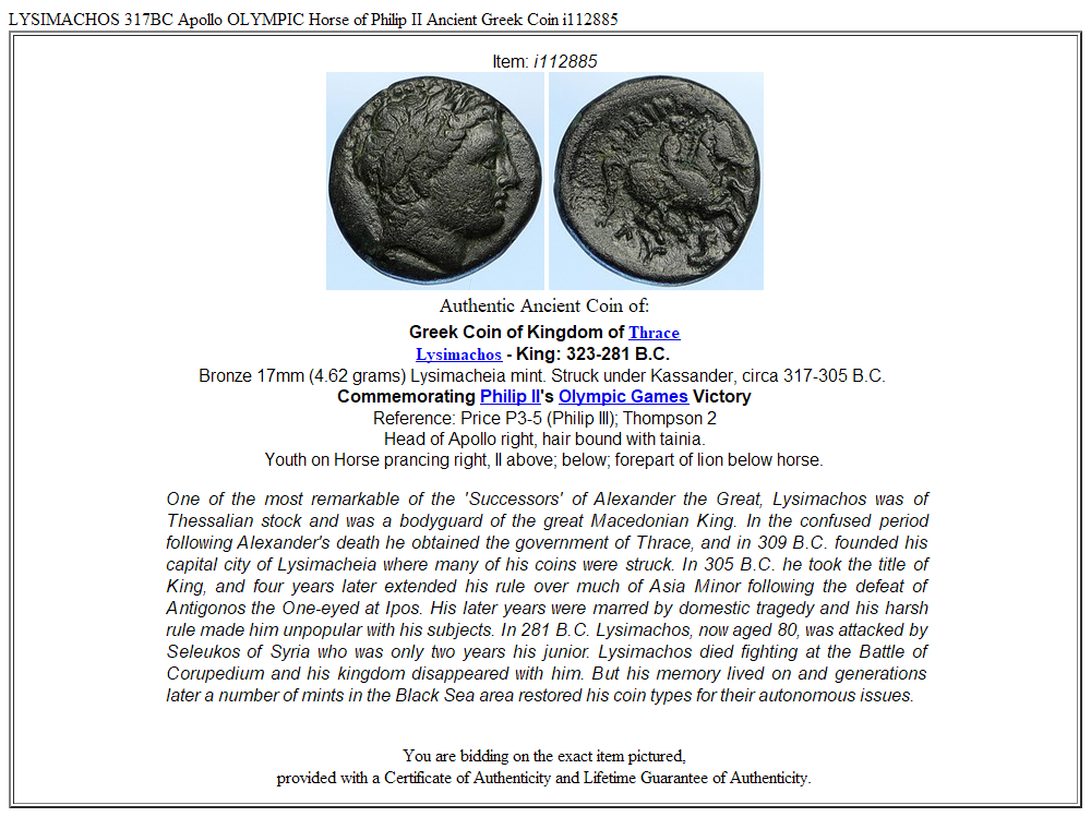 LYSIMACHOS 317BC Apollo OLYMPIC Horse of Philip II Ancient Greek Coin i112885