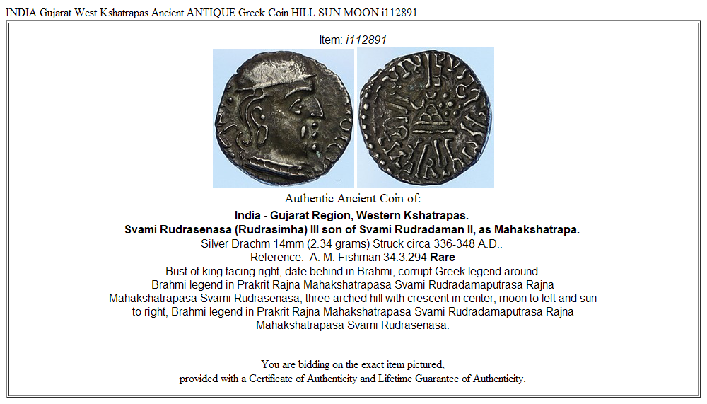 INDIA Gujarat West Kshatrapas Ancient ANTIQUE Greek Coin HILL SUN MOON i112891