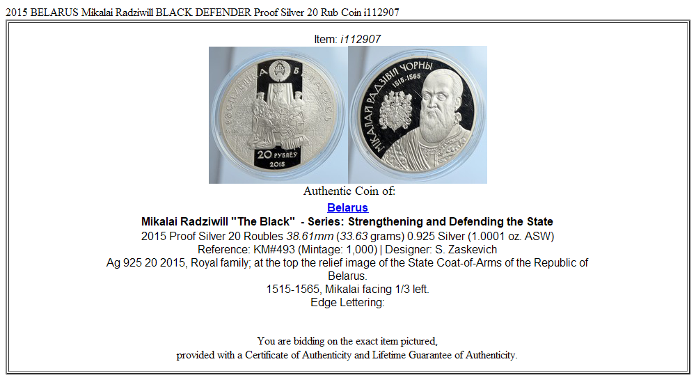 2015 BELARUS Mikalai Radziwill BLACK DEFENDER Proof Silver 20 Rub Coin i112907