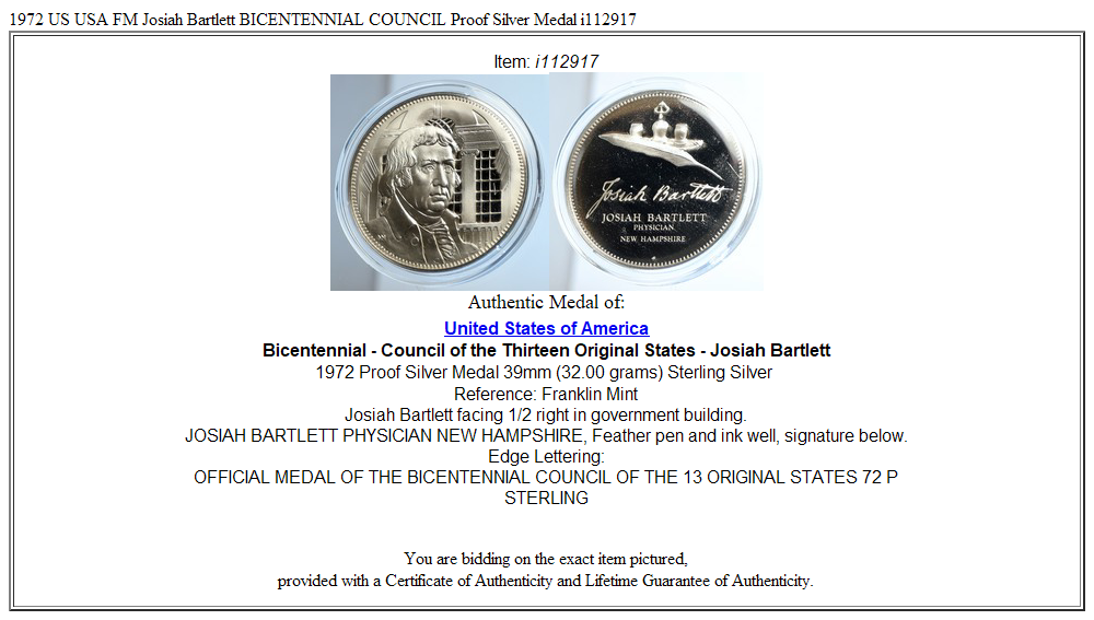 1972 US USA FM Josiah Bartlett BICENTENNIAL COUNCIL Proof Silver Medal i112917